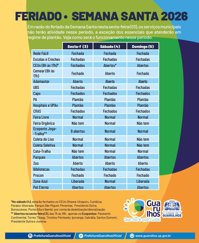 Prefeitura de Guarulhos divulga o funcionamento dos serviços municipais neste feriado da Semana Santa