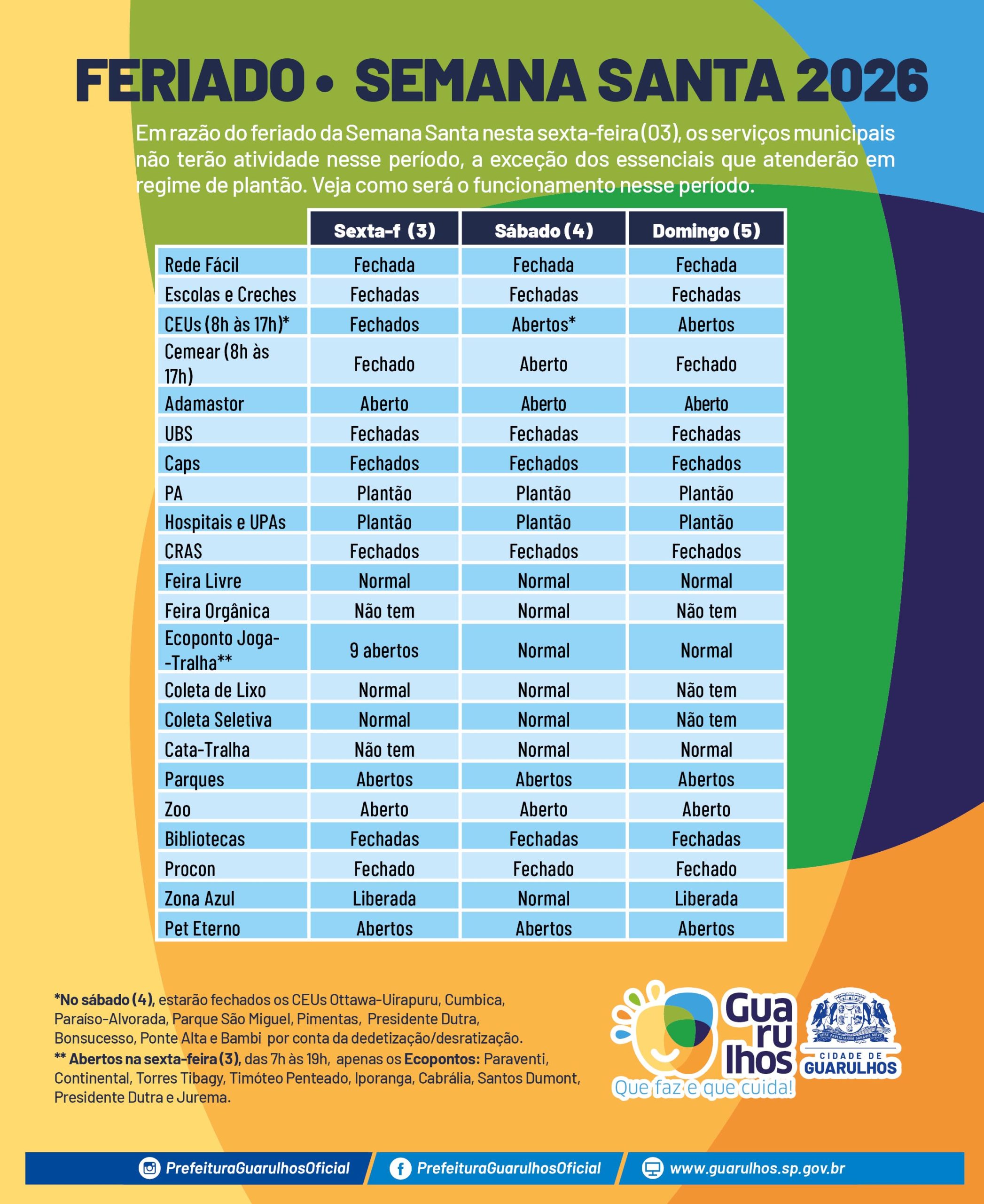 Prefeitura de Guarulhos divulga o funcionamento dos serviços municipais neste feriado da Semana Santa